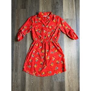 Speed Limit MPH Shirt Dress Women L Red Floral Button Front Roll Sleeve